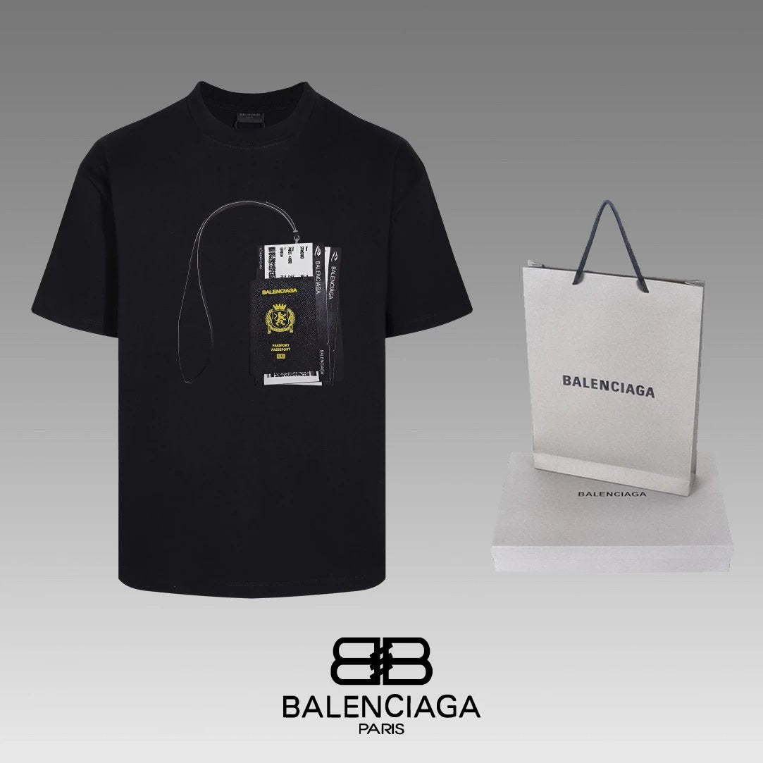 Balenciaga T-shirt Front Chest Tag Pattern Print logo round Neck Short Sleeve25ss New Pure Cotton Unisex Style T T-shirt OS Loose Fit Base Shirt Top Half Sleeve T-Shirt
