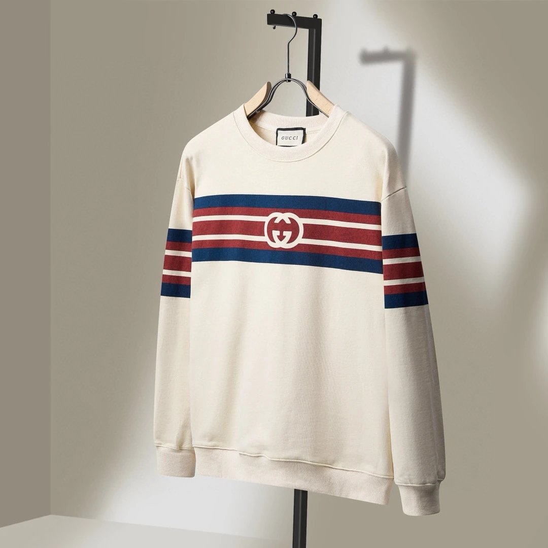 Gucci Hoodie Striped Print on the Chest logo Round Neck Sweatshirt Long Sleeve Base Shirt Jacket Top Fashion Unisex Sports Casual Loose Fit Versatile Autumn Winter New Arrival