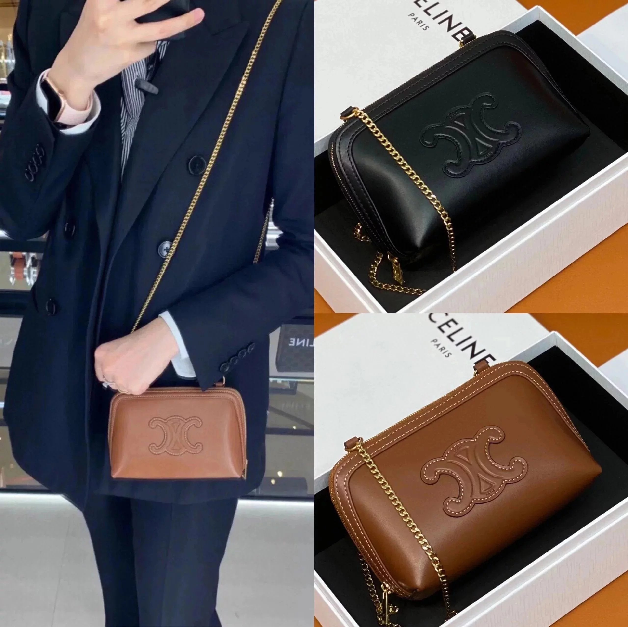 Celine women's bag Top version 【Level Surrogate Shopping for Personal Use】CLUTCHWITHCHAIN Mini Smooth Cowhide Little Shell Bag Chain Bag Italian Original Leather Chain Small Bag Clutch Handbag Shoulder Bag Messenger Bag Women's Bag Women's Bag