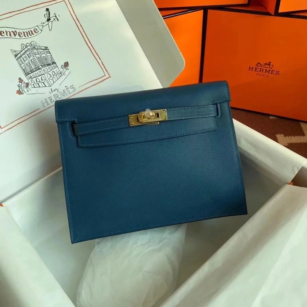 Hermes women's bag Top version 【H Handmade】Women's Bag KellyDanSe22cmevercolor Leather Imported Beeswax Thread Clutch Backpack Waist Bag Shoulder Messenger Bag Gold and Silver Buckle