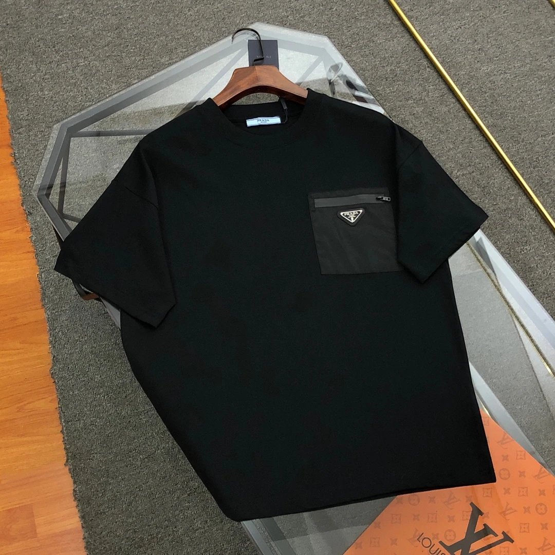 PRADA T-shirt 2025New Classic Iron Standard logo Pocket Crew Neck Short Sleeve Pure Cotton T T-shirt ins Unisex Simple Summer New Casual Base Shirt T-Shirt