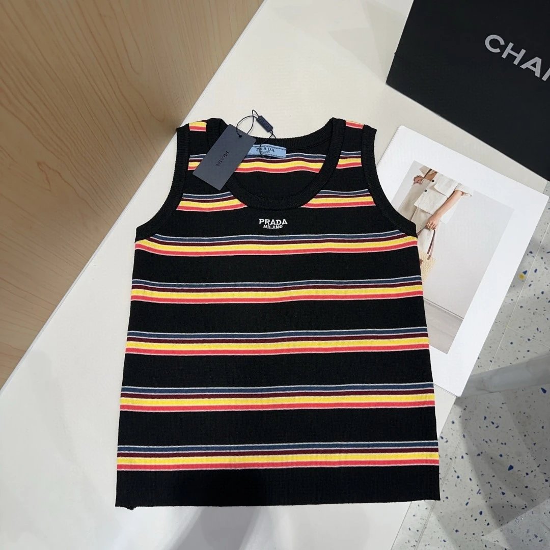 PRADA T-shirt Full-length Striped logo Sleeveless Short Sleeve Sleeveless Vest25ss New Pure Cotton Women's Base Shirt T T-shirt OS Loose Fit Half Sleeve T-Shirt