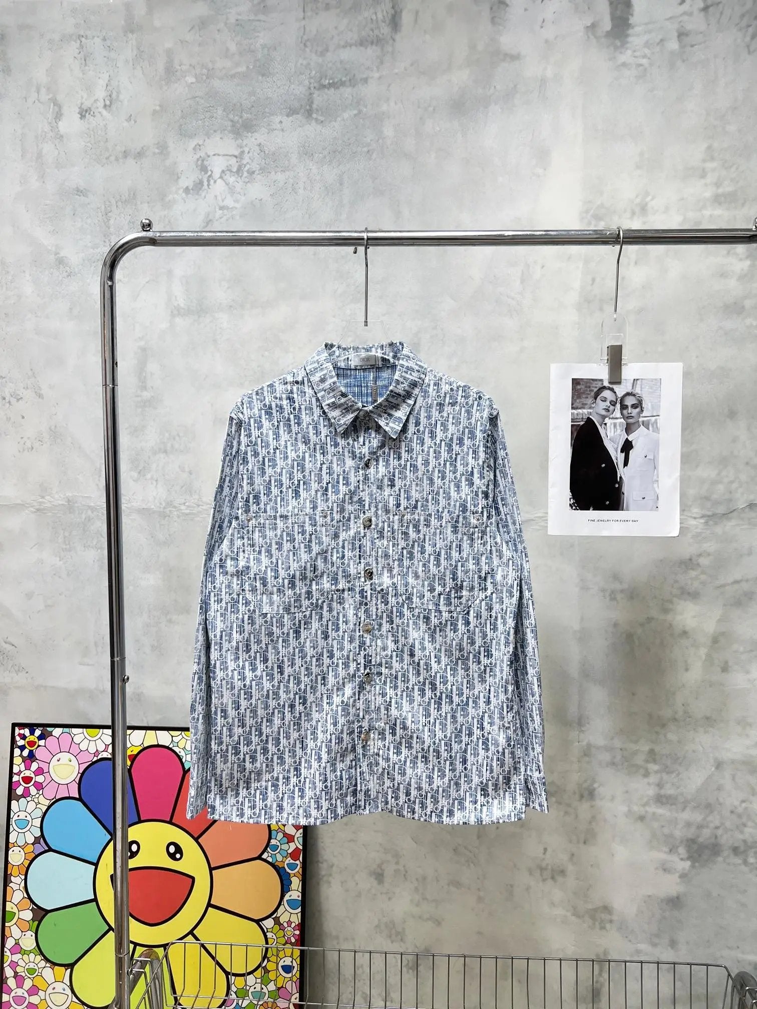 Dior Shirt Dark Pattern Full Print Button Shirt Casual Loose Versatile Turn-down Collar Long Sleeve Shirt os Cardigan Jacket Unisex Same Style24ss Autumn and Winter New Products