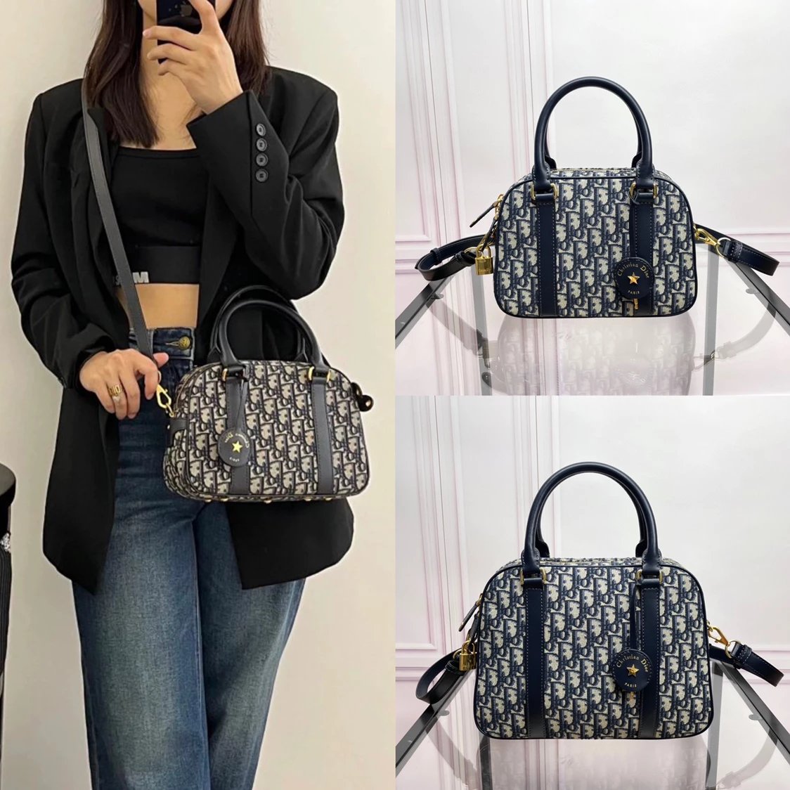 Dior Women's Bag Top version 【Cheng Huang Luggage Leather Goods】Original Leather Oblique Presbyopic Embroidery D-vibe Bowling Bag Adjustable Detachable Shoulder Strap Zipper Closure Portable Shoulder Messenger Bag Medium Female Blue