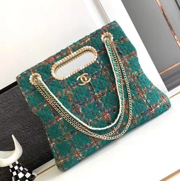 Chanel Women's Bag Top version 【High Version】CHANEL/23A High-End Handmade Workshop Green Tweed Pearl Wooden Bead Chain Bag Home New Portable Pearl Briefcase Pearl Bag Woolen Pearl Tote Clutch Dinner Bag Folding Bag