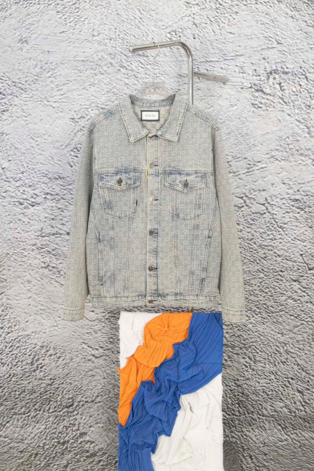 Gucci Jackets Denim Ivory White GG Jacquard Denim Jacket Coat Unisex Autumn Winter New Sports Casual Loose Versatile