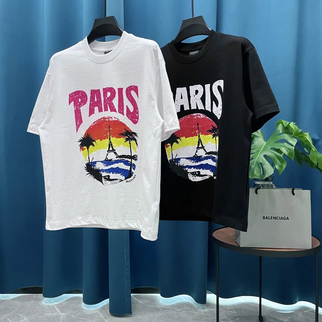 Balenciaga T-shirt Coconut Tree on Chest logo Printed Letter Embroidery Round Neck Short Sleeve25ss New Pure Cotton Unisex Style T T-shirt Base Shirt Tee Shirt OS Loose design