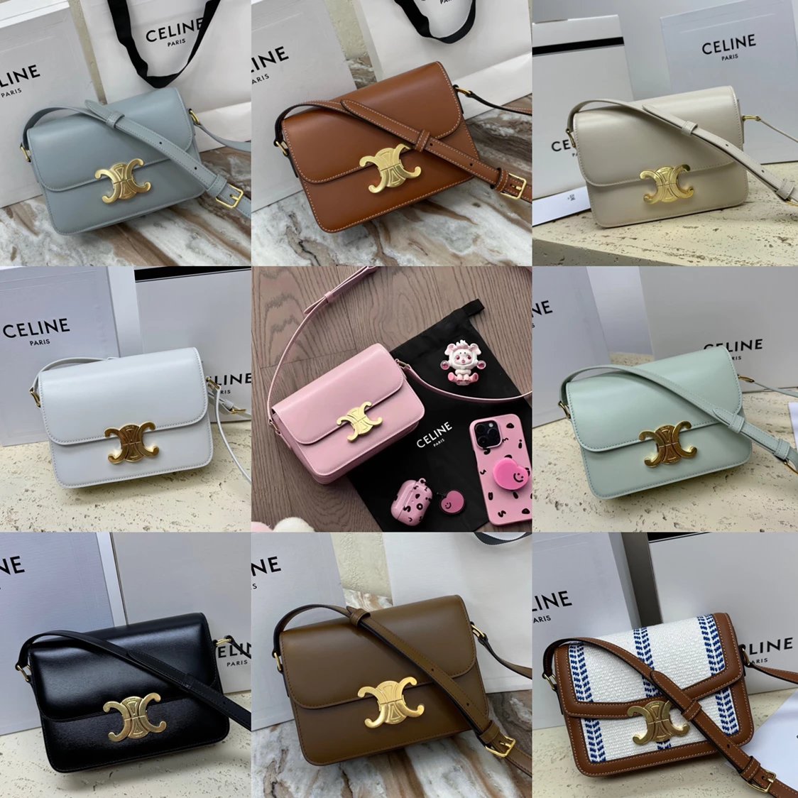 Celine women's bag Top version 【Surrogate Shopping Edition】Teen Arc De Triomphe Crossbody Bag New BOX Bag18.5cm Small Size2023New Cherry Blossom Pink Arc De Triomphe Women's Bag Square Bag mininano Retro Gold Buckle Shoulder Crossbody Bag Arc De Triomphe