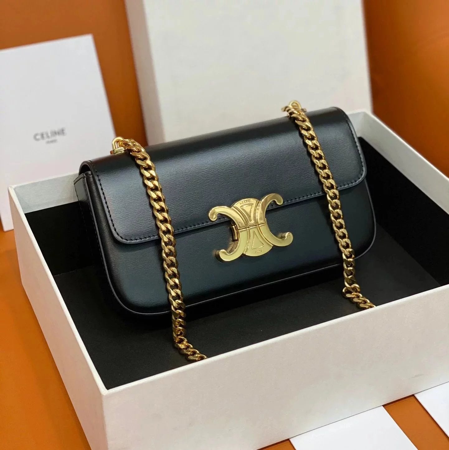 Celine women's bag Top version 【Original Leather】2022Spring and Summer New Triomphe Short Chain Small Size Arc De Triomphe Underarm Bag Cowhide Genuine Leather Bag Handbag Square Bag Women's Bag Underarm Bag Clutch Mini Chain Bag197993