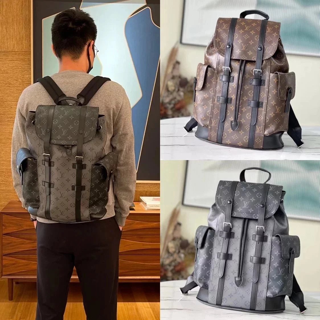 Louis Vuitton LV Backpack Top version M45419Silver Black Flower CHRISTOPHER Backpack Travel Bag Handbag Men's Bag Backpack Schoolbag Hiking Backpack N41379Black Plaid M43735Presbyopic