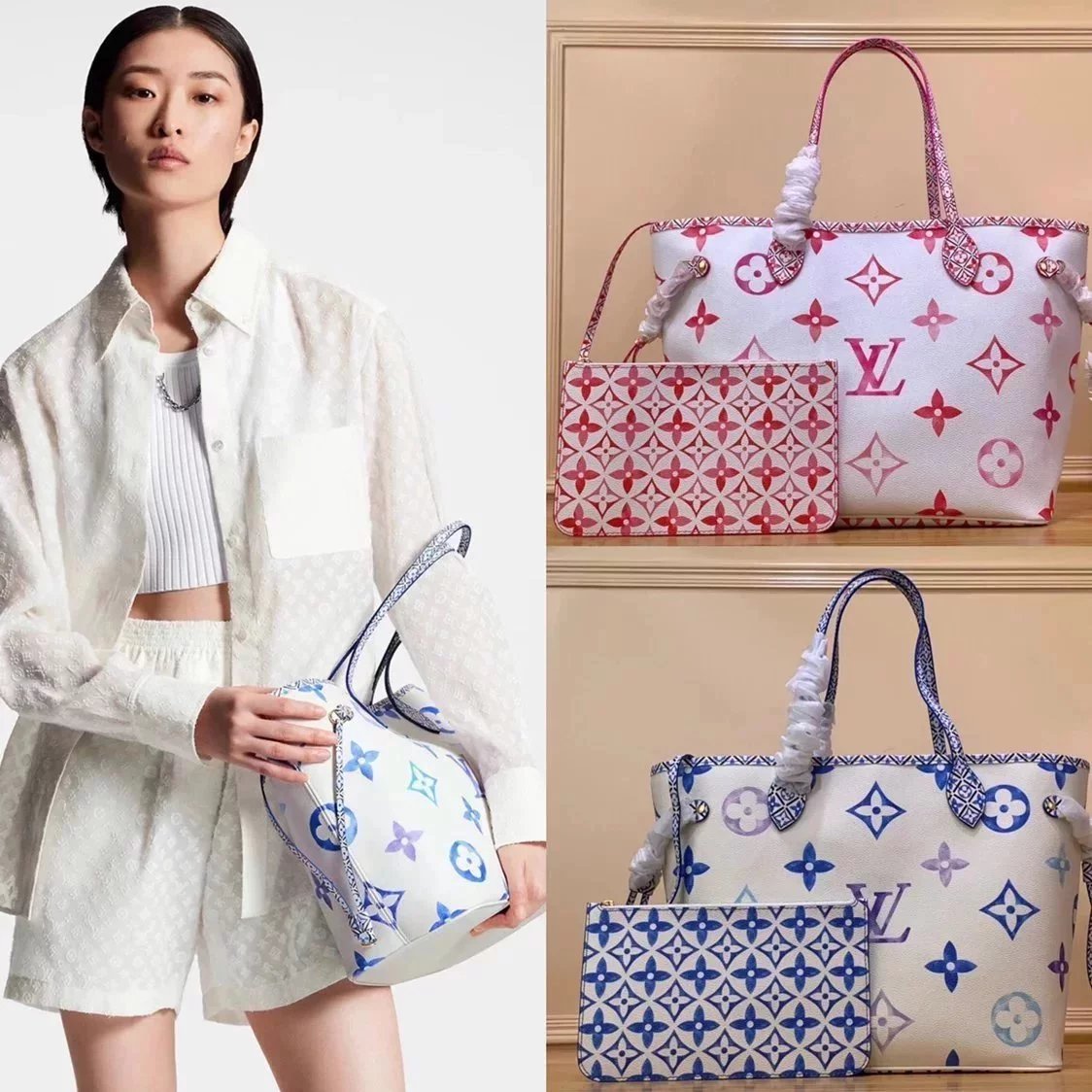 Louis Vuitton LV Women's Bag Top version M22978M22979M2298023Summer Series Watercolor Gradient Printing Neveful Medium tote Tote Bag Women's Portable One Shoulder Shopping Bag
