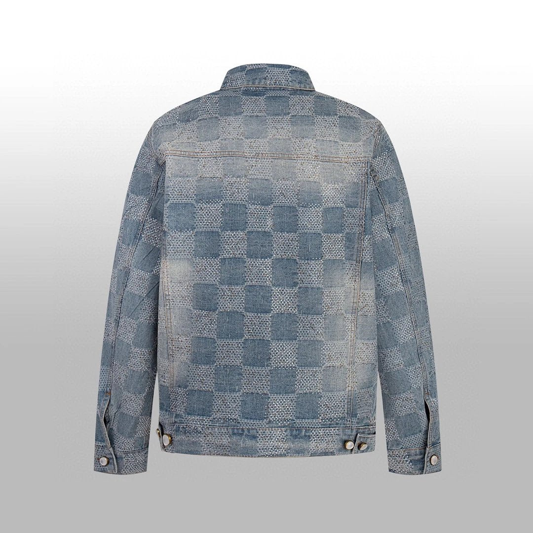 Louis Vuitton LV Jackets Crystal Diamond Bamboo Knot Cotton Heavy Craft Washed Checkerboard Jacquard Denim Jacket Fashion Simple Heavy Casual Short Denim Unisex Washed Vintage Turn-down Collar Jacket