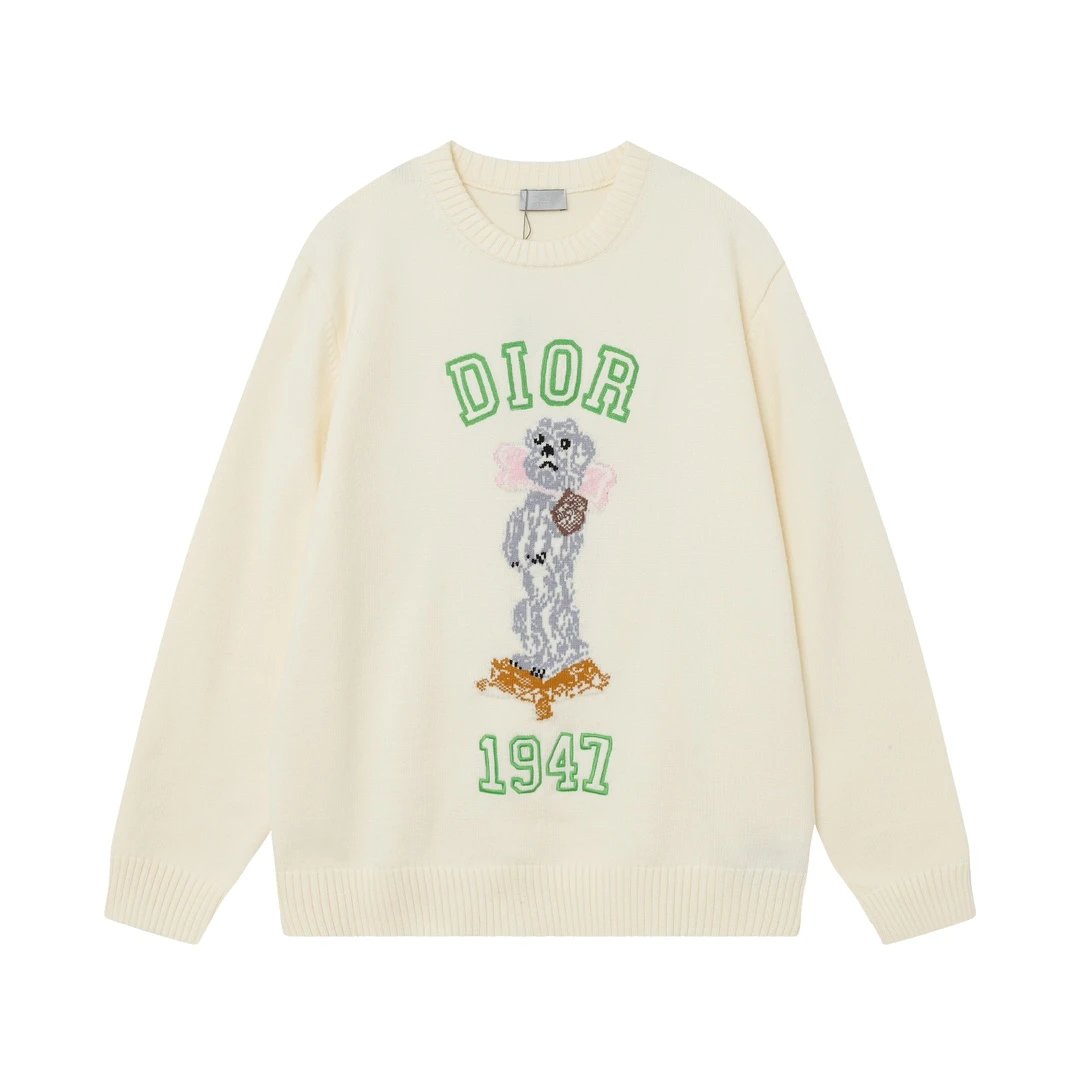 Dior Sweater Animal Pattern Jacquard Crew Neck Sweater Long Sleeve Pullover Thickened Lazy Style OS Loose Fit Unisex Knit Top Jacket Versatile Casual Wearable Inside and Outside