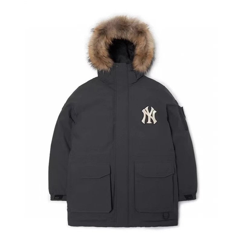 MLB Down Jacket Top Version South Korea Workwear down Jacket Fur Collar Outdoor Mid-Length Thick Windproof Hooded Men's and Women's Same Winter Coat