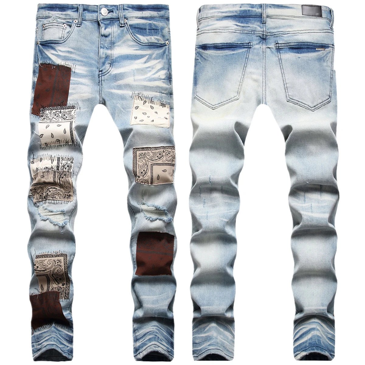 Amiri Jeans New Foreign Trade Style Fashion Blue with Holes Paste Cloth Embroidery Elastic Mid-Waist Feet Men's Jeans