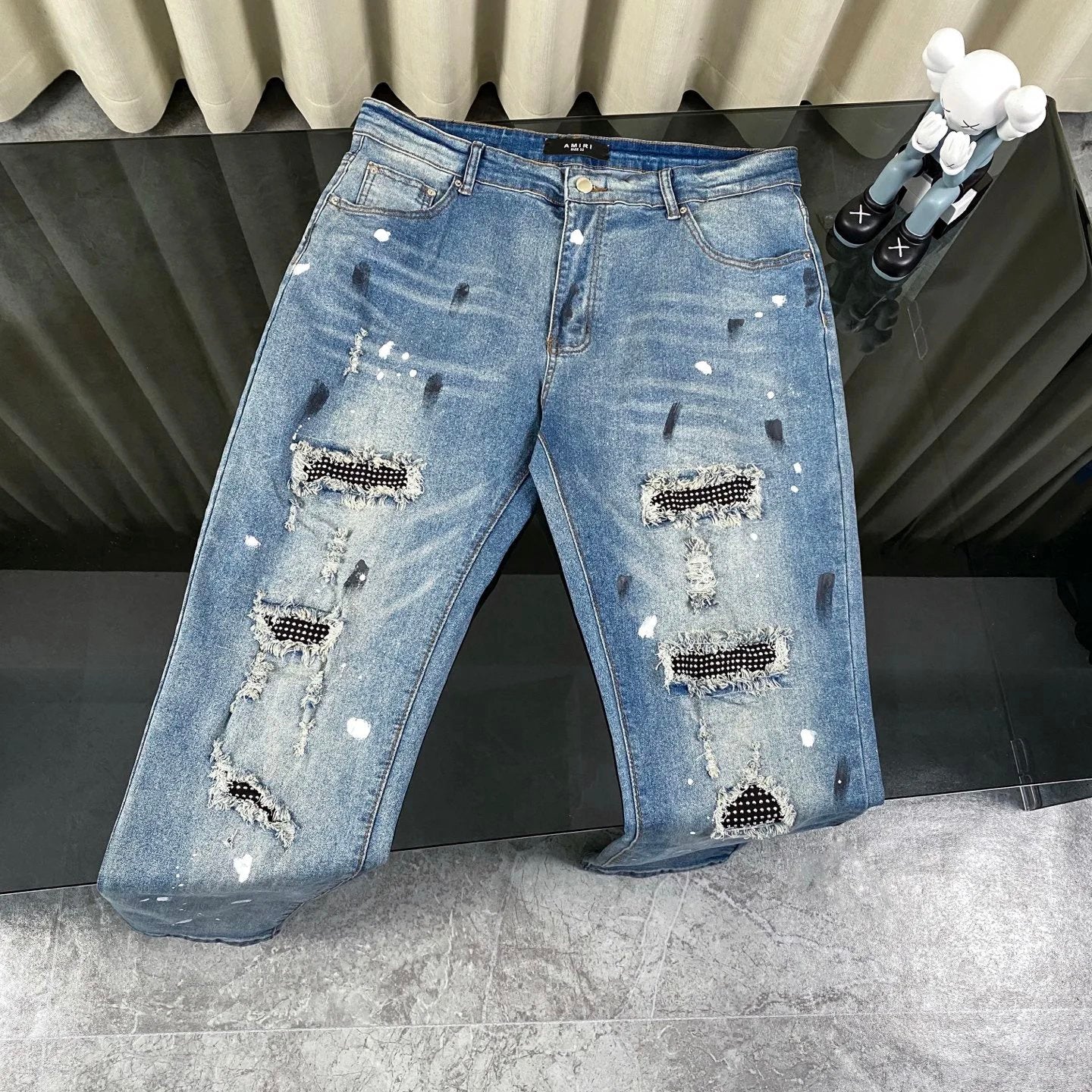 Amiri Jeans Front and Rear Holes Splash-Ink Patch logo25ss Spring Summer New Straight Loose Jeans Unisex Slim Fit Long Pants