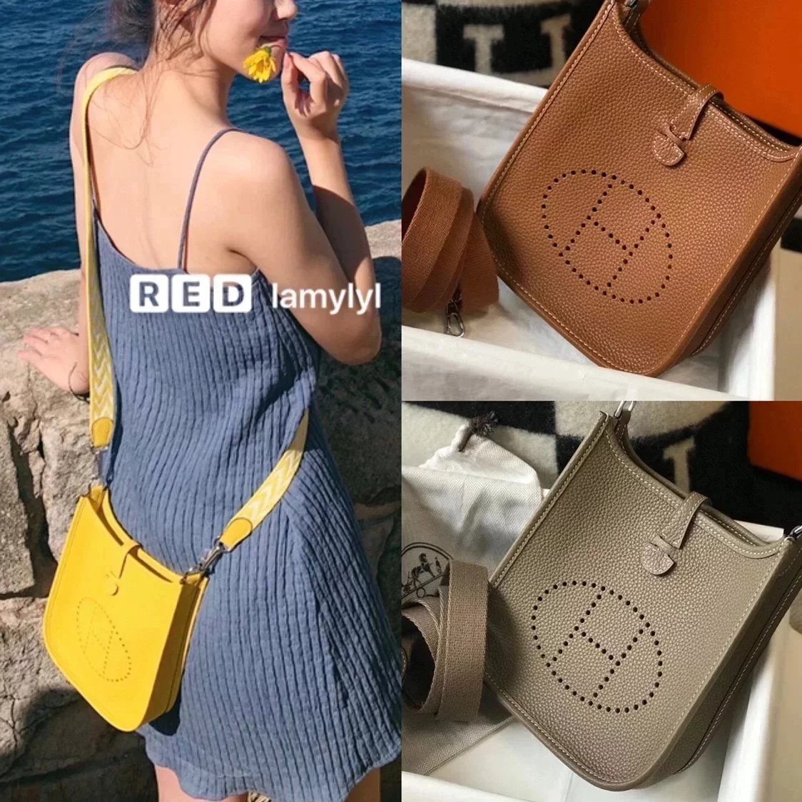 Hermes women's bag Top version New Beeswax Thread Sewing Handmade EvelyneminiH Home Mini Calfskin Hollow-out Evlin Bag Letter Punching Bag Elephant Gray Golden Brown Milkshake White and Black Shoulder Crossbody Buckle Women's Bag