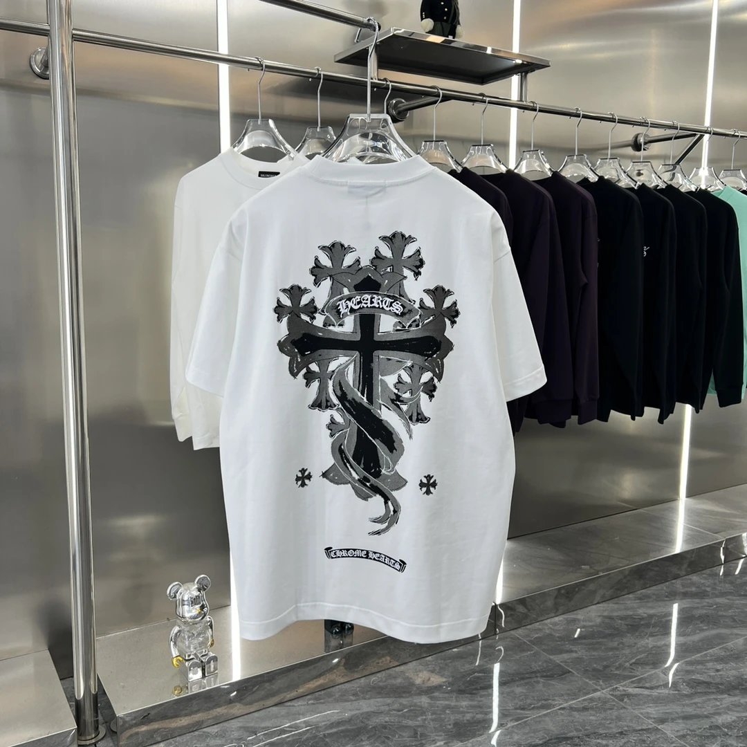 Chrome Hearts T-shirt Hand-painted Print Metal Buckle Round Neck Short Sleeve Pure Cotton Unisex T Shirt Bottoming Shirt OS Loose Fit T-Shirt
