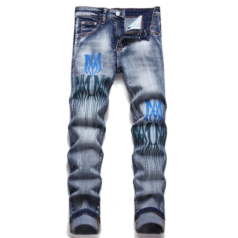 Amiri Jeans New Foreign Trade Style Fashion Blue with Holes Paste Cloth Embroidery Elastic Mid-Waist Feet Men's Jeans