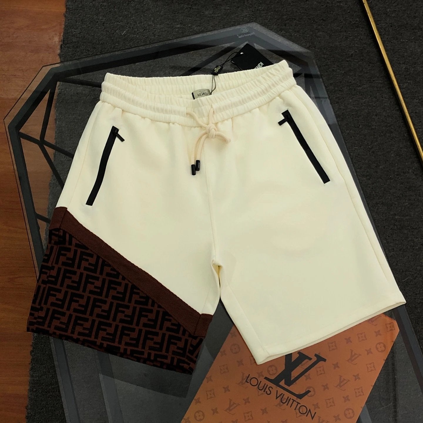 FENDl Shorts Front and Back Stitching Double F Jacquard logo Five-point Shorts25ss New Drawstring Casual Summer Pants5Two-in-One Casual Sweatpants for Men and Women, Pure Cotton Joggers