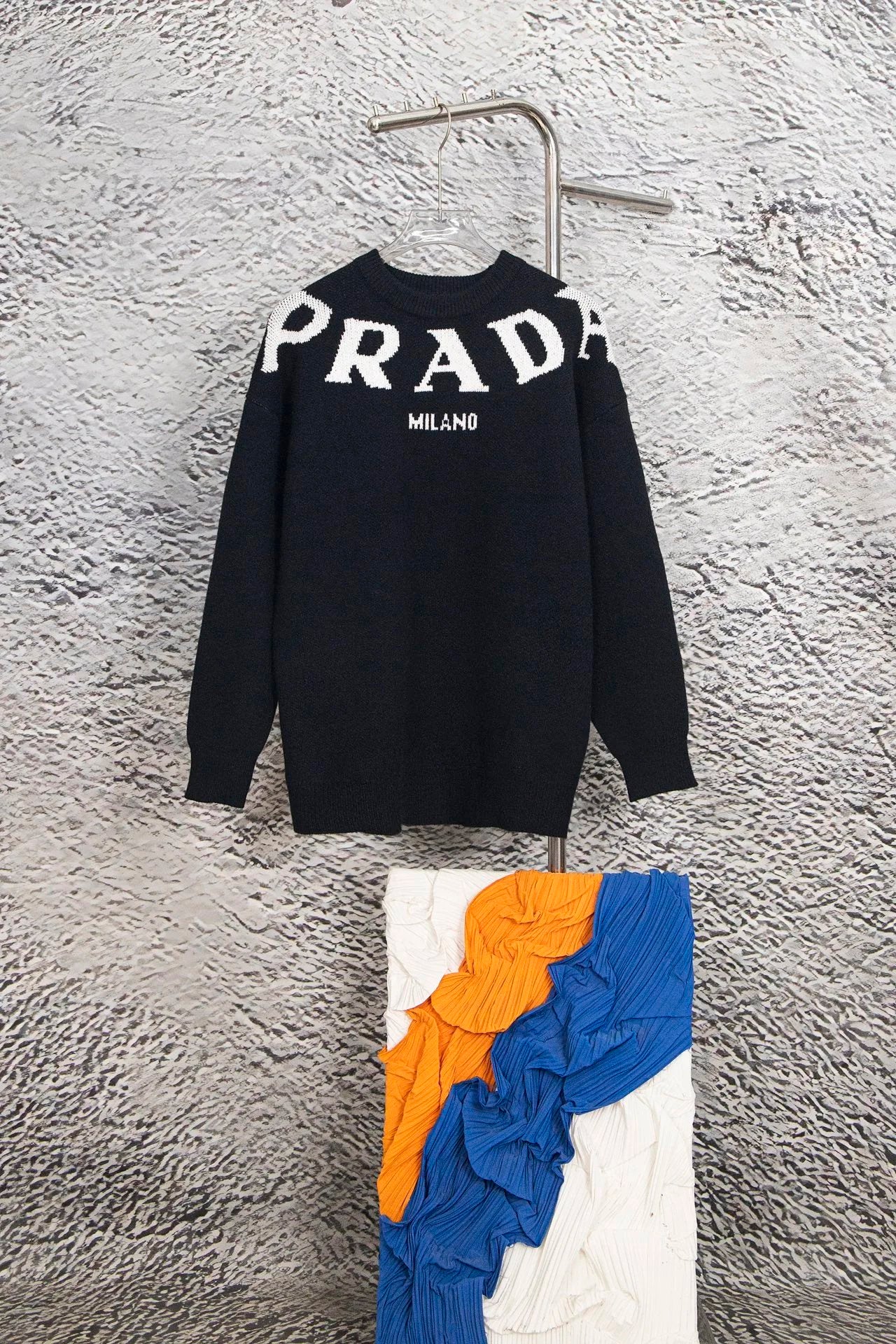 PRADA Sweater Jacquard Letter Knit Crew Neck Sweater Thickened Lazy Style Unisex Loose Knit Top Coat Versatile Casual Wearable Inside and Outside