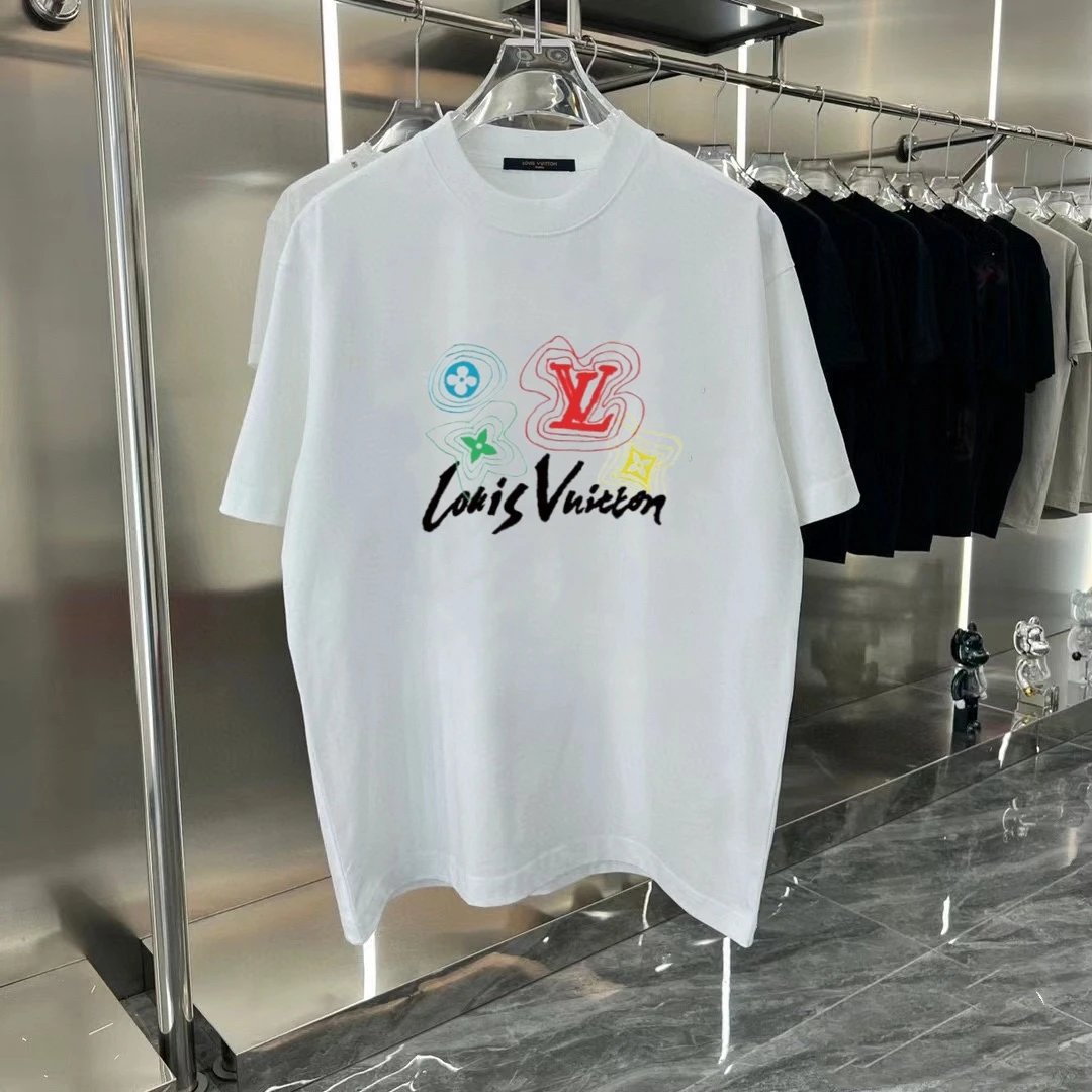 Louis Vuitton LV T-shirt Colorful Letter Print on the Chest logo round Neck Short Sleeve25ss New pure cotton T Unisex T-Shirt OS Drop Shoulder Loose Fit Base Shirt Top T-Shirt Short Sleeve