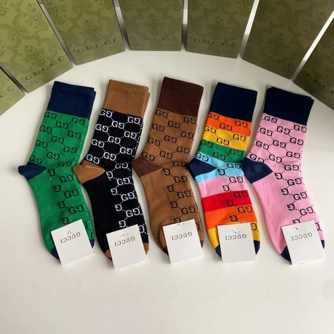 Gucci Sock 【Five Pairs Per Box】Full Jacquard Print logo Pure Cotton Mid-Calf Slouch Socks Breathable Fashionable25ss New Cotton Socks Spring Summer Autumn Sports Casual Versatile Business Thin Deodorant Sweat-Absorbing