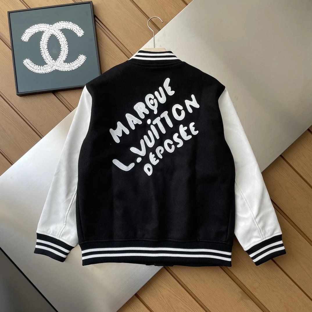 Louis Vuitton LV Jackets Baseball Waist Jacket with Velvet Chest LV Embroidered Beaded Black and White Contrast Short Jacket Towel Embroidery American Letter Unisex Street Thickened Padded Jacket