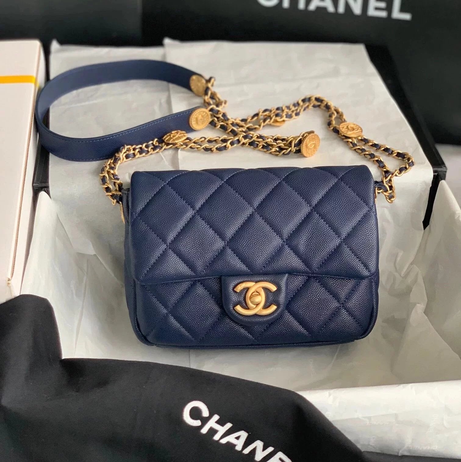 Chanel Women's Bag Top version 【Original Leather】22A New Gold Coin Square Fat Big miniCF Gold Coin Bag Caviar Cowhide Chain Flap Bag Crossbody Bag Shoulder Bag17cm22cm Chain Bag