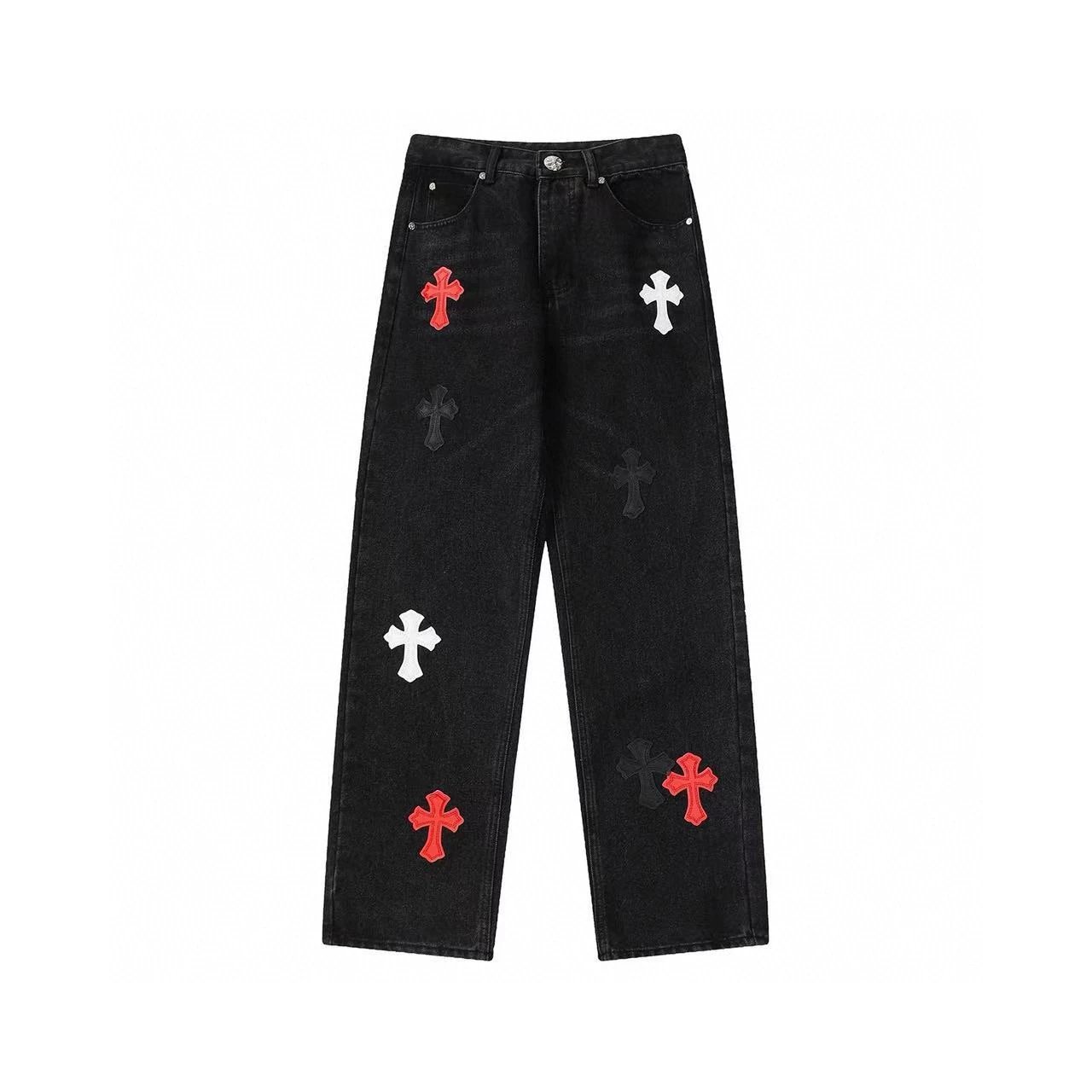 Chrome Hearts Jeans Top Version Cross Leather Tag Version Worn Jeans Casual Men and Women Slightly Loose All-Matching Contraction Trouser