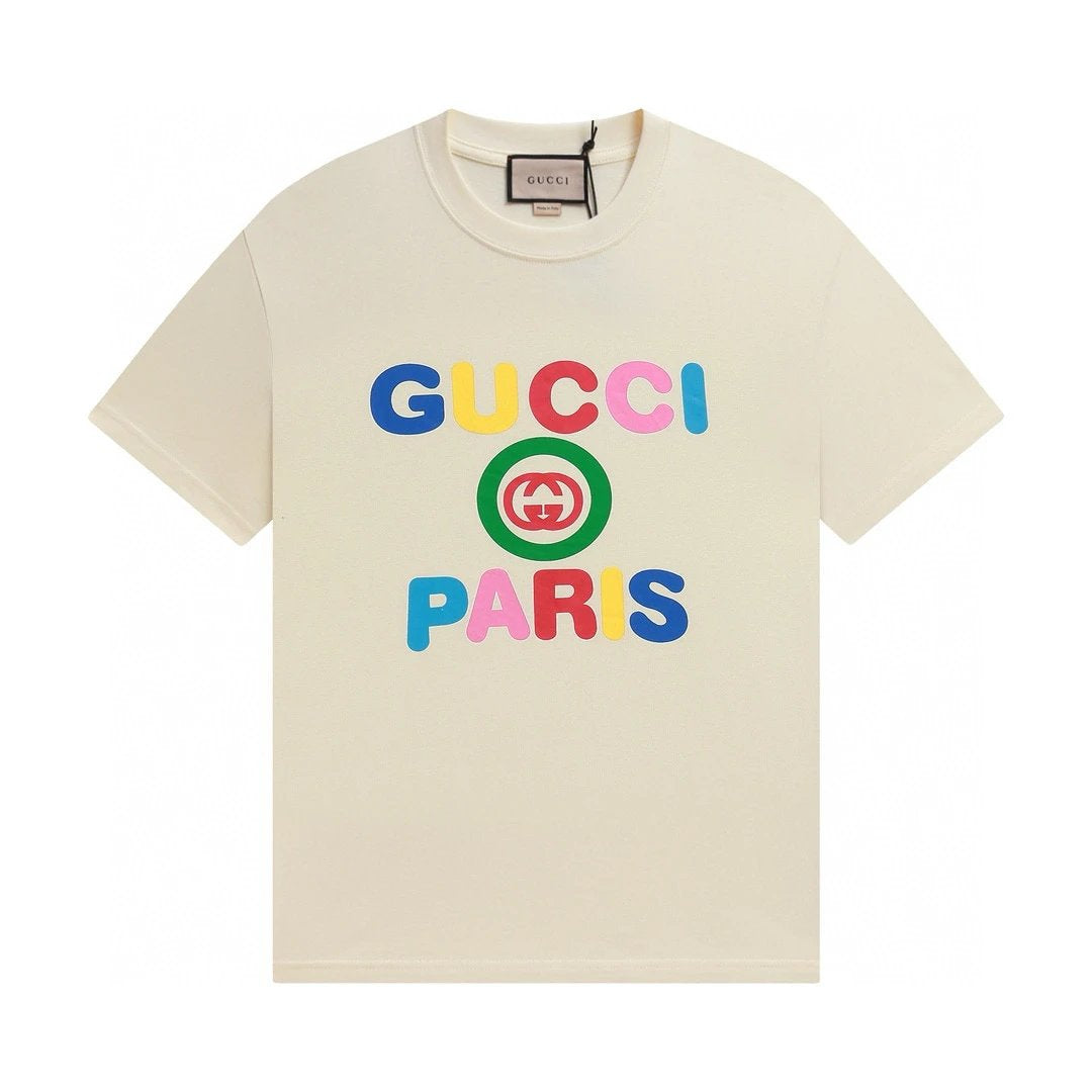 Gucci T-shirt Colorful Letter Print on the Chest logo round Neck Short Sleeve25ss New Pure Cotton Unisex Style T Casual T-Shirt Base Layer Shirt OS Loose Fit Half Sleeve Top Plus Size
