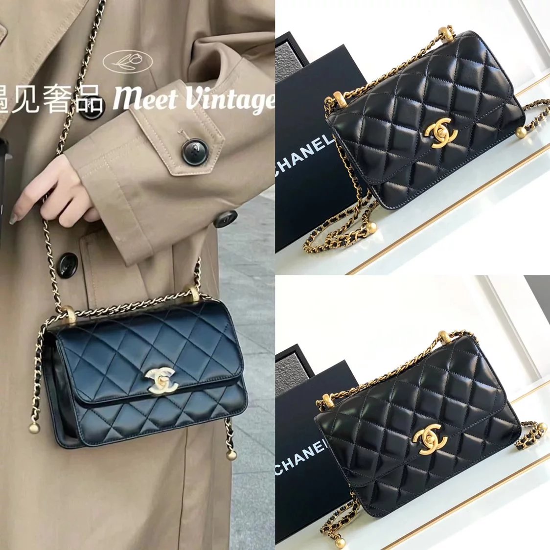 Chanel Women's Bag Top version 【**Original Leather】??????✦24C Double Golden Ball Flap Bag Double Golden Balls Chain Bag Original Factory Calf Skin Oil Wax Leather Golden Ball Square Bag2Size