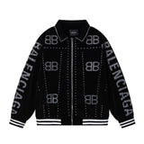 Balenciaga Jackets Double B Whole Body logo Rhinestone Baseball Jacket Coat Unisex Autumn Winter New Thick Versatile