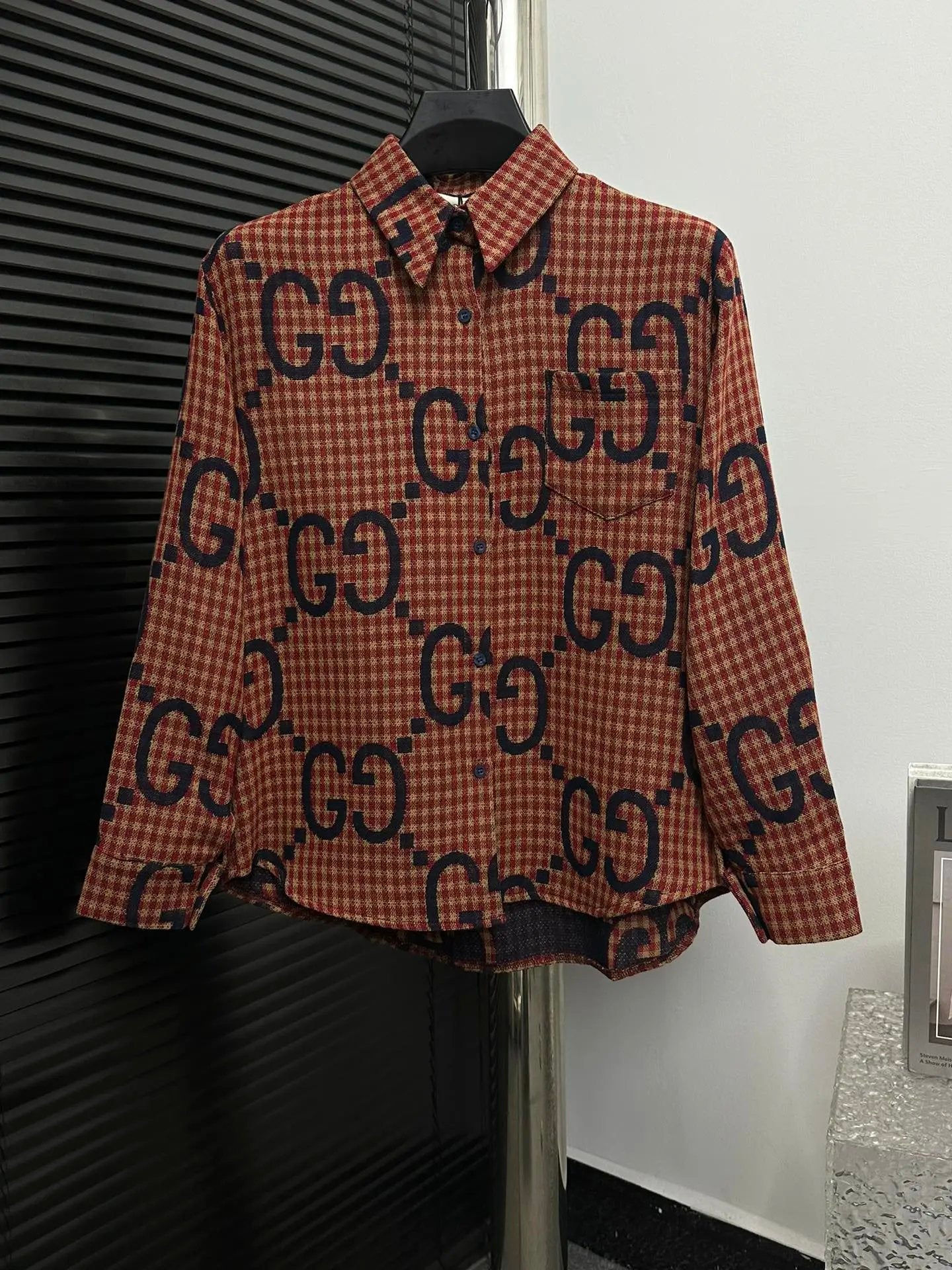 Gucci Jackets Blue Plaid Cotton Linen Jacquard Long Sleeve Shirt Unisex Versatile Business Casual Slim Fit Jacket