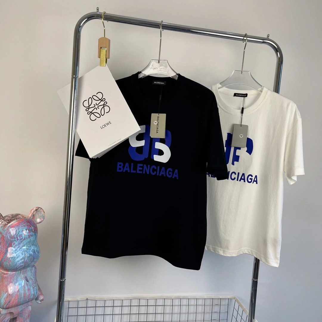 Balenciaga T-shirt Chest Blue Letter Print logo round Neck Short Sleeve25ss New Pure Cotton Unisex Style T T-shirt OS Loose Fit Base Shirt Half Sleeve T-Shirt Top Half Sleeve