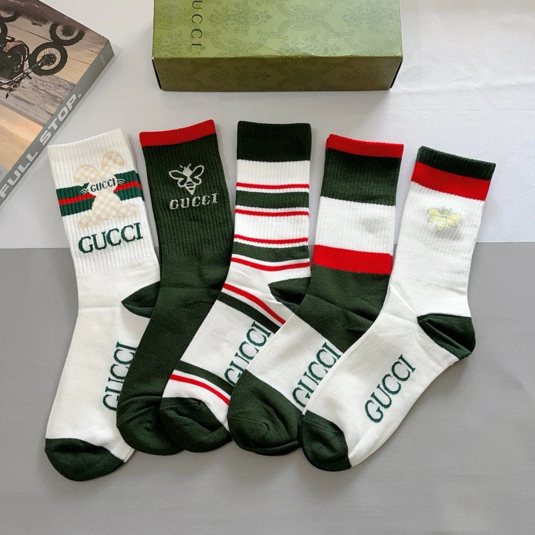 Gucci Sock 【a Box5Double】Classic Pair G Letters logo 100% Cotton Long Tube Breathable Fashion25ss New Cotton Socks Thin Business Sports Casual Spring Summer Autumn Versatile Deodorant Sweat-Absorbing