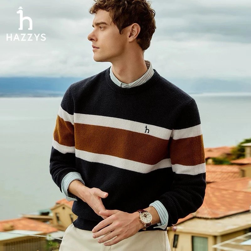 Hazzys Sweater Top Version2024Winter New Striped Contrast Color Sweater Men's Long Sleeve round Neck Warm Casual Top Fashion