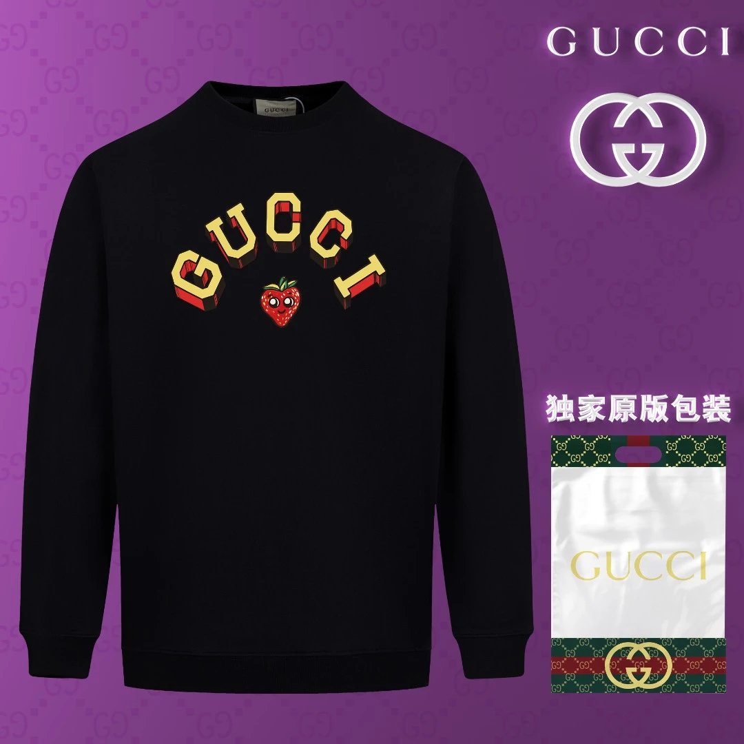 Gucci Hoodie Strawberry Cartoon Print logo Round Neck Sweatshirt Jacket Pullover Long Sleeve OS Loose Fit Base Shirt Top Unisex Sports Casual