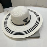 PRADA Hat Triangle mark logo Fisherman Hat Straw Hat Casual Sun Protection Outdoor Versatile UV Protection Plain Face Covering Sun Hat Flat Top Bucket Hat