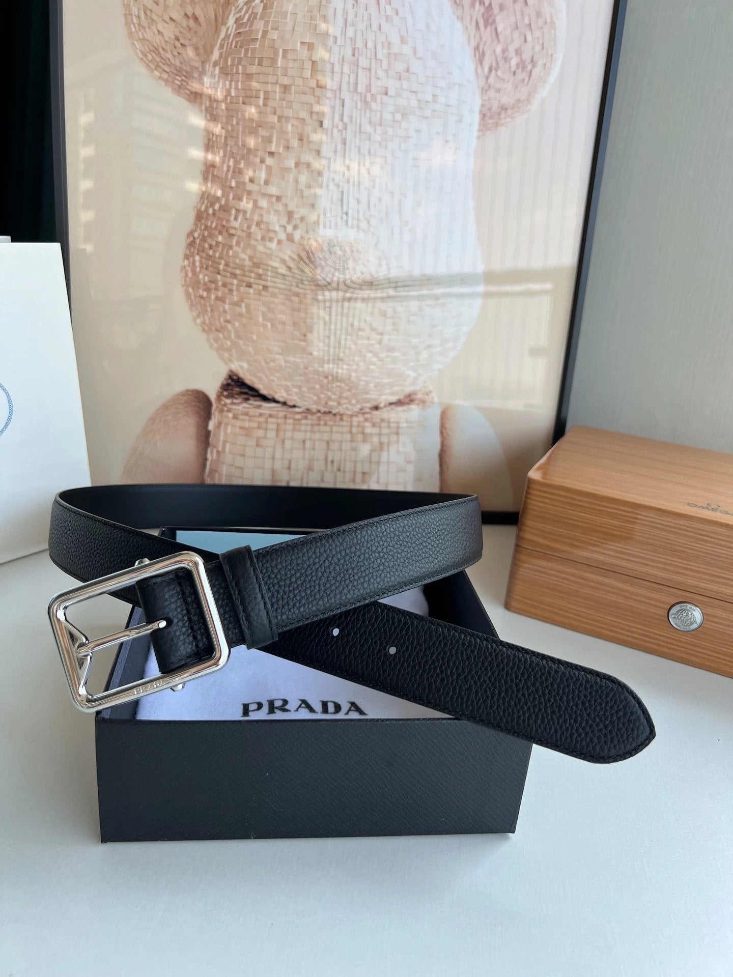 PRADA Belt Top version New Original Order Genuine Belt Men's Pin Buckle Belt Business Casual Cross Pattern Black Coffee Double-Sided Pure Original Leather Imported from Italy Cowhide Leather3.5