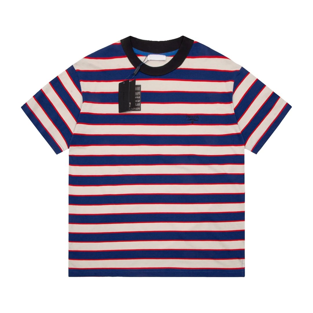 PRADA T-shirt Pocket Logo Striped Crew Neck Short Sleeve25ss New Pure Cotton Unisex Style T T-shirt OS Loose Fit Base Shirt Top Half Sleeve T-Shirt