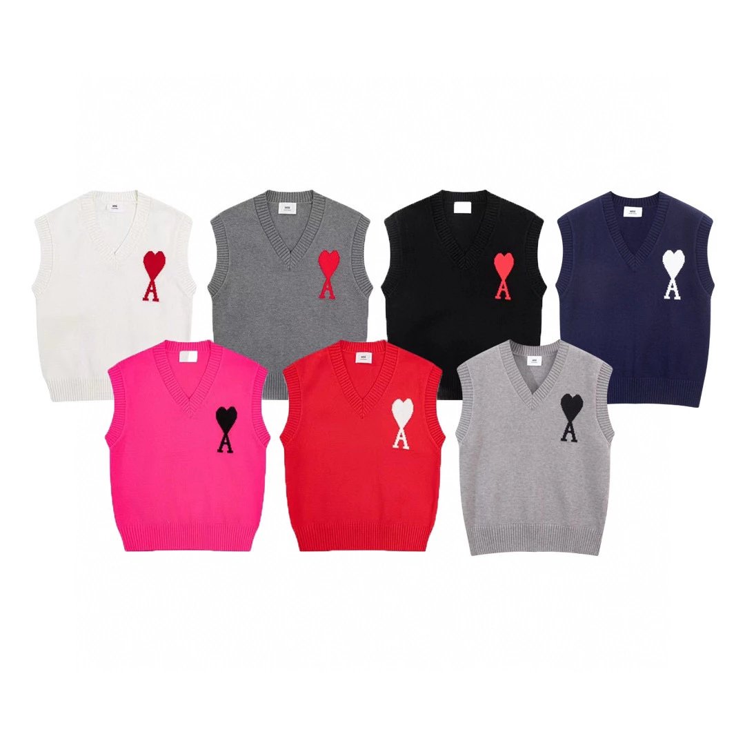 Ami Sweater Top Version Autumn and Winter New Red Heart Letter Collar Sleeveless Sweater Vest Men and Women Same Style