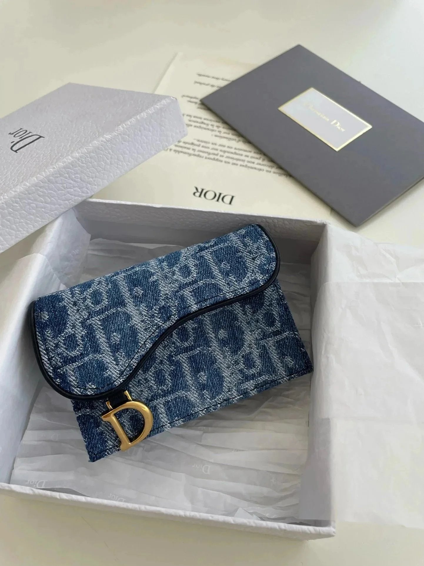 Dior Women's Bag Top version Running Quantity and Price24New Women's Blue Jacquard Denim Saddle Flip Wallet Card Holder