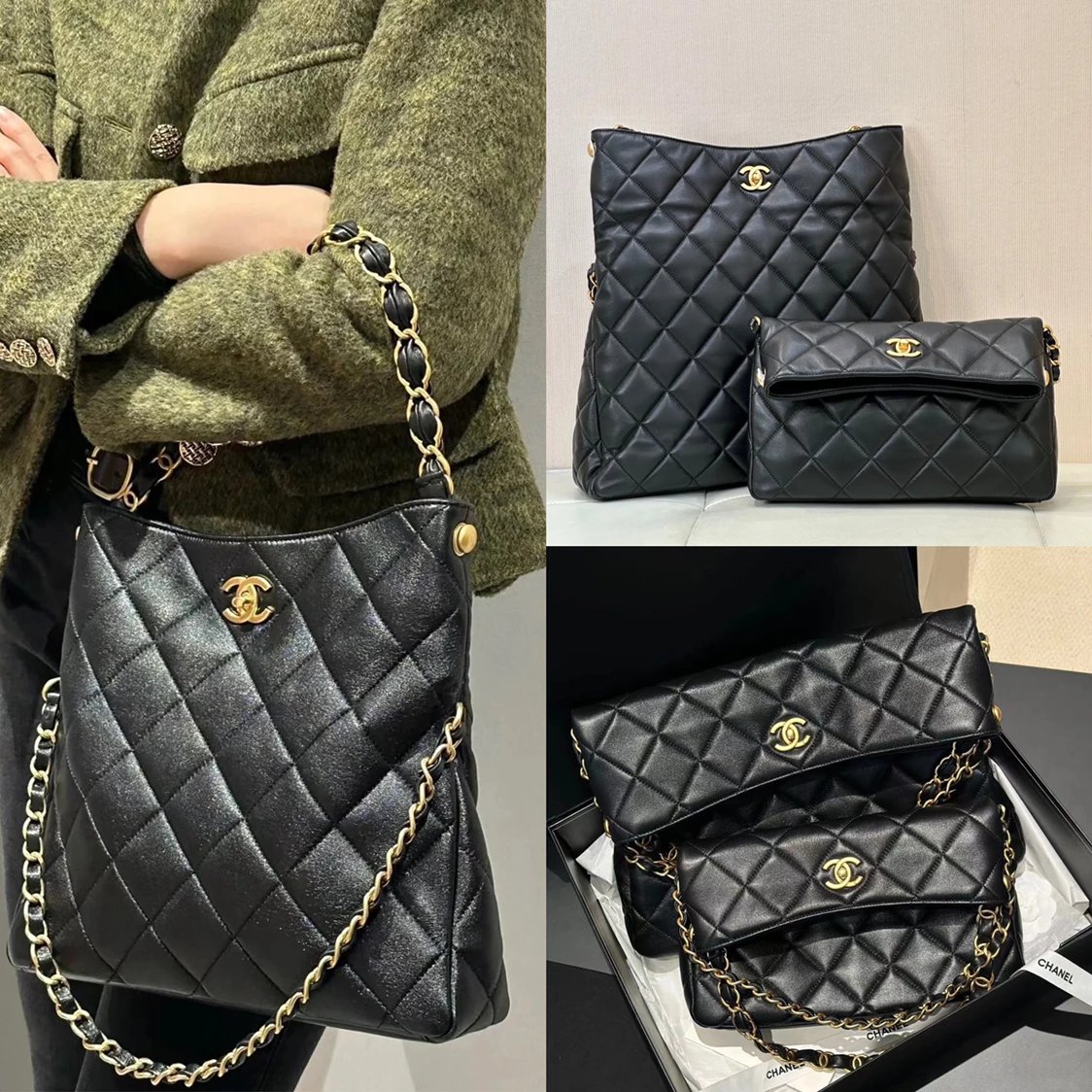 Chanel Women's Bag Top version 【Stunt Ceiling】Home24p New LargeHobo Handbag Folding Hippie Bag Multifunctional Women Bag Shoulder Bag Handbag Folding Handbag Underarm Bag Hippie hobo Bag