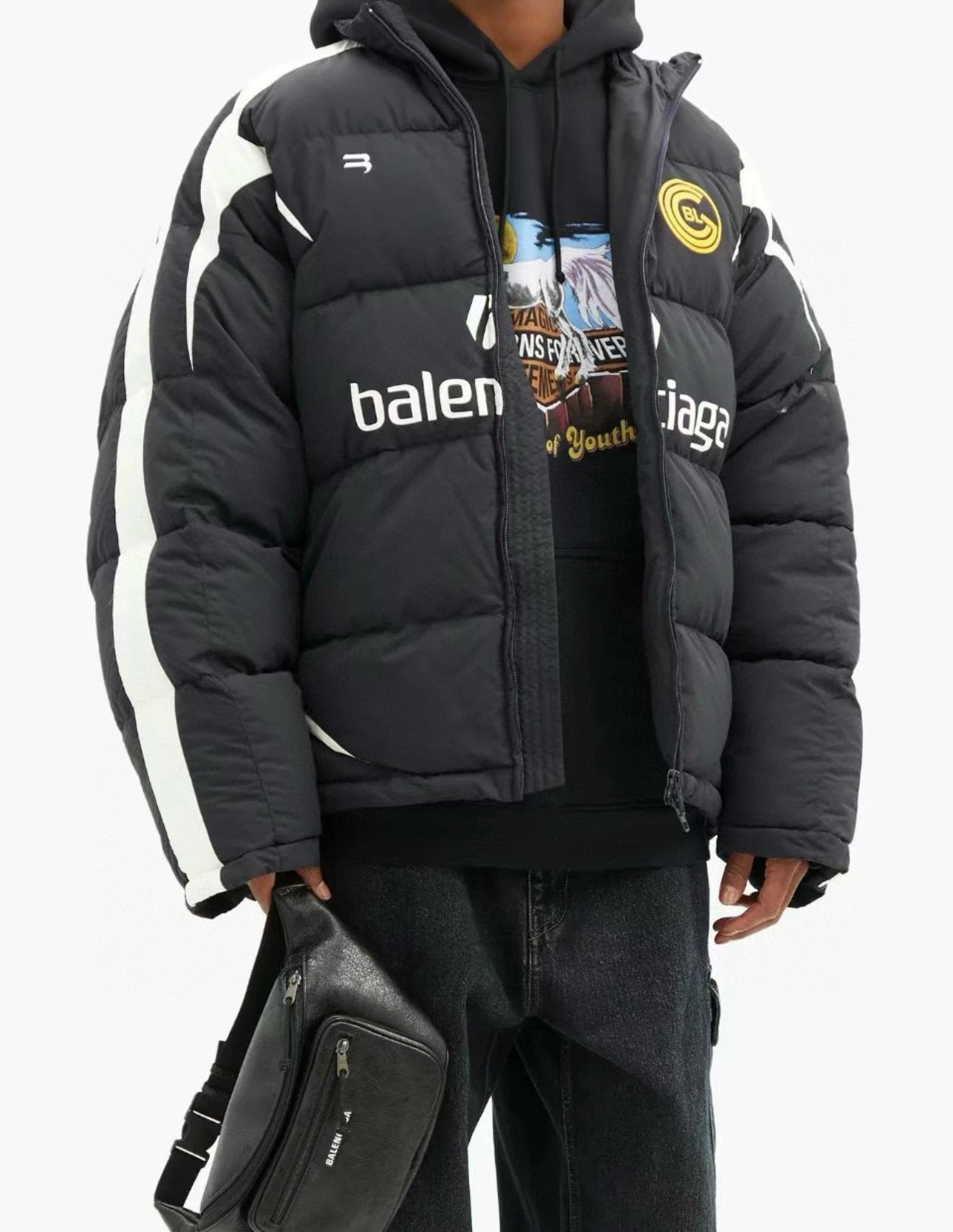 Balenciaga Down Jacket Manchester United Collaboration10Black and White Patchwork Football Cotton Jacket Casual Loose Stand Collar Short Thickened Warm Bread Jacket Unisex24ss New Winter Products