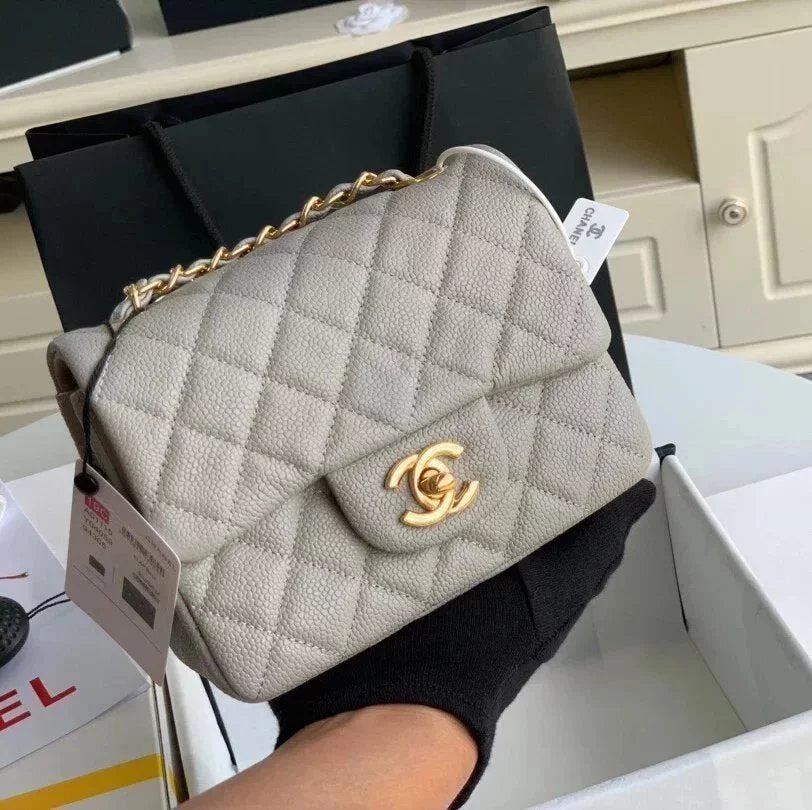 Chanel Women's Bag Top version Original Leather Surrogate Shopping Version New Bag Ch@ne1CF Fat Fang1115mini17cm Caviar Ball Grain Cowhide CF Sheepskin Mini Small Sized Flap Bag Shoulder Crossbody Chain Bag Lambskin Original Leather