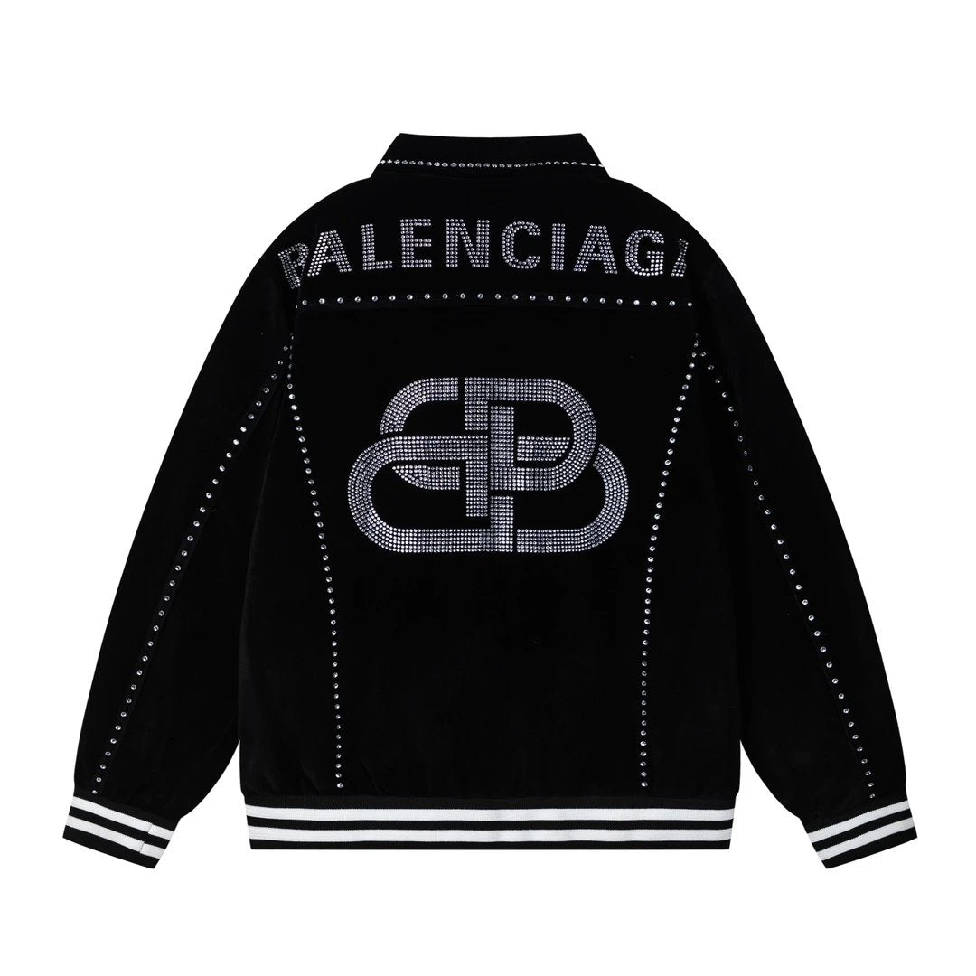 Balenciaga Jackets Double B Whole Body logo Rhinestone Baseball Jacket Coat Unisex Autumn Winter New Thick Versatile