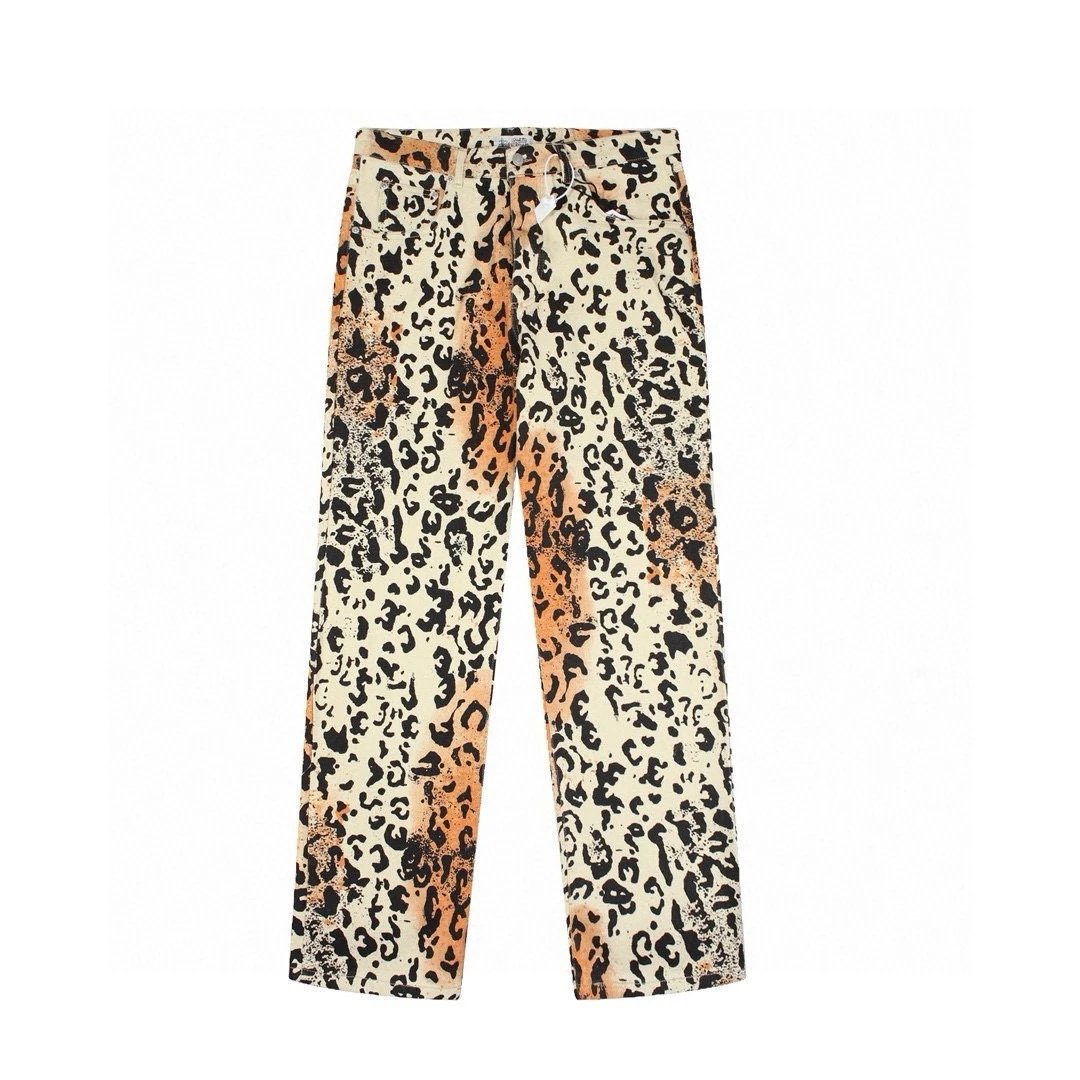 Stussy Jeans Top Version Leopard Patterned Pants Jeans Straight Retro Trousers Men's and Women's Casual Pants