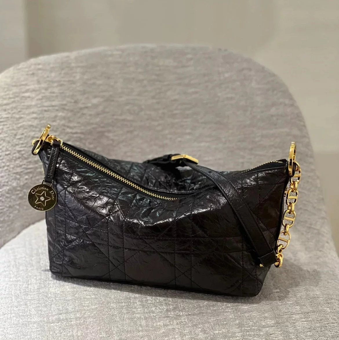 Dior Women's Bag Top version 【Original Leather】New hobo Bag2024New Series StarHobo Chain Handbag Underarm Bag Pleated Cowhide Large Rattan Plaid Oblique Blue Jacquard Fabric New Starhobo Bag hobo Underarm Bag Women's Bag