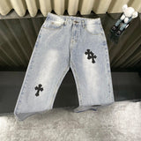 Chrome Hearts Jeans Front and rear black cross stickers logo25ss Spring Summer New Straight Leg Jeans Unisex Slim Fit Long Pants Loose
